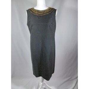 Jones New York Dress Womens Size 8 Black Polka Dot Beaded Neck Sleeveless Shift